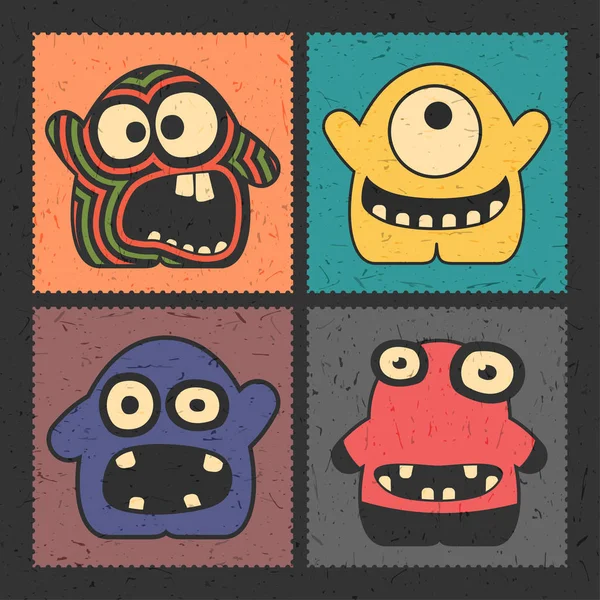 一套四有趣的怪物与不同的情绪在垃圾颜色背景 邮票与可爱多彩的机器人 卡通插画 — 图库矢量图片