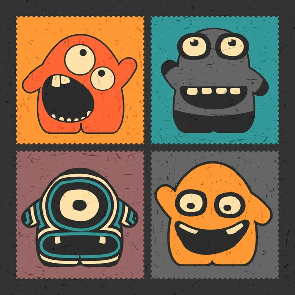 Set Four Funny Monsters Different Emotions Grunge Color Background Postage — Free Stock Photo