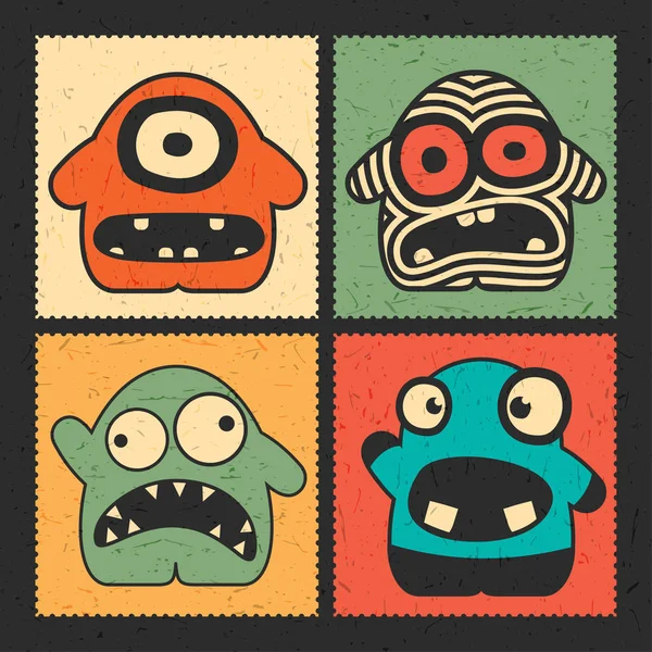 Set Four Funny Monsters Different Emotions Grunge Color Background Postage — Stock Vector