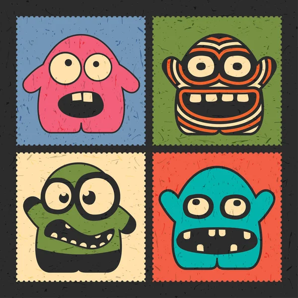 Set Four Funny Monsters Different Emotions Grunge Color Background Postage — Stock Vector