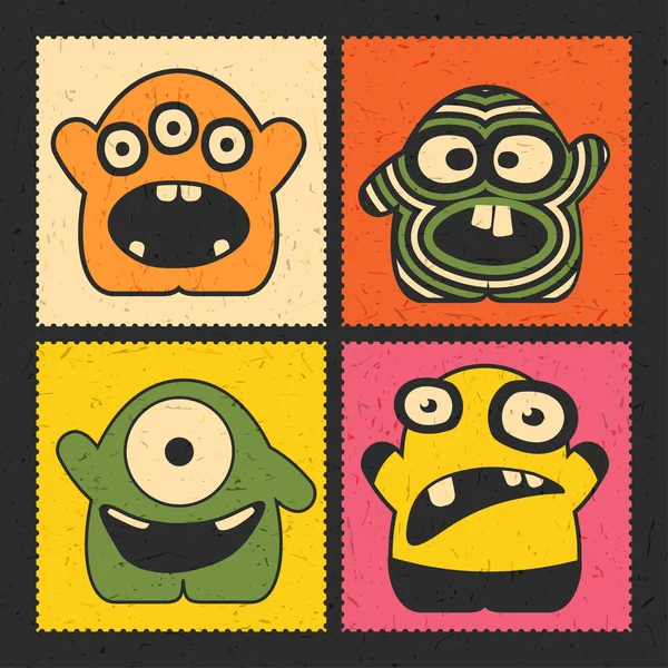 Sada Čtyř Legrační Monster Různými Emocemi Grunge Barvu Pozadí Poštovní — Stockový vektor
