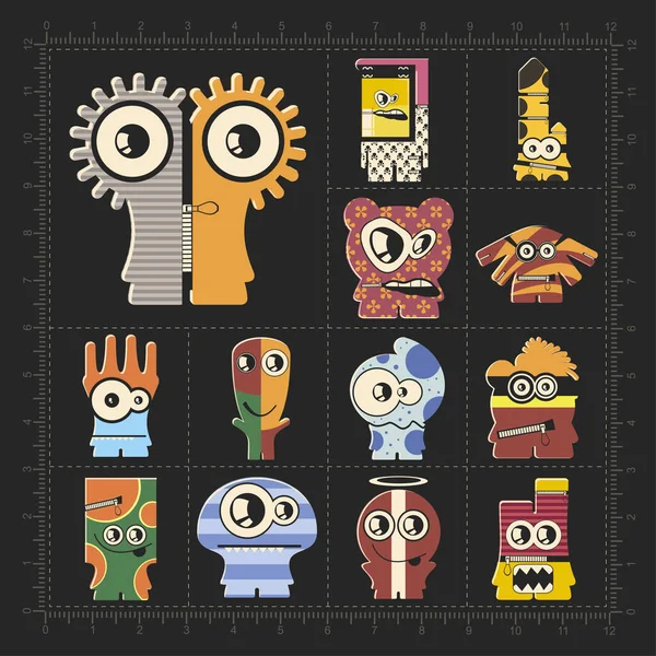 Leuke Kleurrijke Monsters Zwart Set Van Dertien Robots Stickers Voor — Stockvector