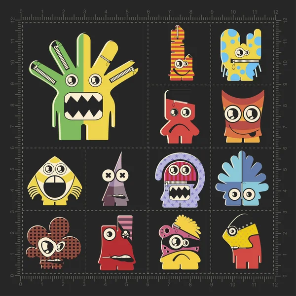 Cute Colorful Monsters Black Set Thirteen Robots Stickers Different Use — Stock Vector