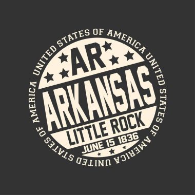 Posta kısaltmalar Ar, devlet adı Arkansas, sermaye Little Rock ve tarihi ile siyah arka plan üzerine dekoratif damga metni Amerika Birleşik Devlet etrafında ile 15 Haziran 1836 bir devlet haline.
