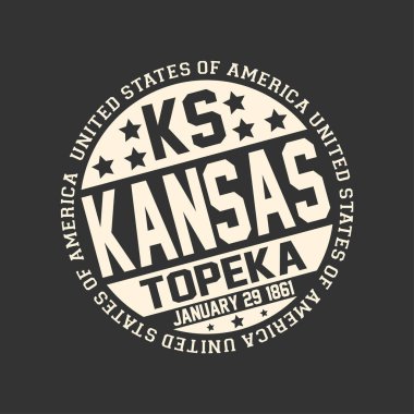 Türkçedeki Ks, devlet adı Kansas, sermaye Topeka ve tarihi ile siyah arka plan üzerine dekoratif damga metni Amerika Birleşik Devlet etrafında ile 29 Ocak 1861 bir devlet haline.