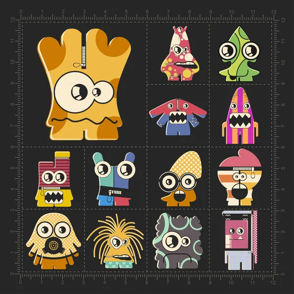 Cute Colorful Monsters Black Set Robots Stickers Different Use Cartoon — Stock Vector