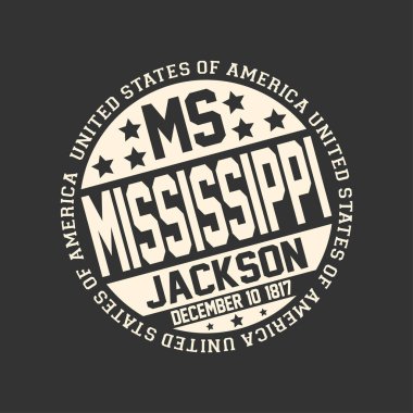 Türkçedeki Ms, devlet adı Mississippi, sermaye Jackson ve tarihi ile siyah arka plan üzerine dekoratif pul haline bir statedecember 10, 1817 etrafındaki metinle Amerika Birleşik Devletleri.