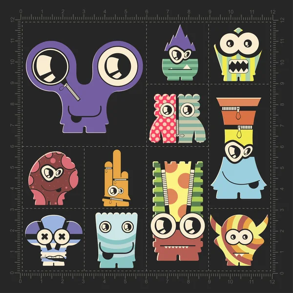 Leuke Kleurrijke Monsters Zwart Set Van Robots Stickers Voor Ander — Stockvector