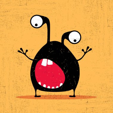 Grunge turuncu zemin üzerine duygularla sevimli siyah canavar. Karikatür Çizim.