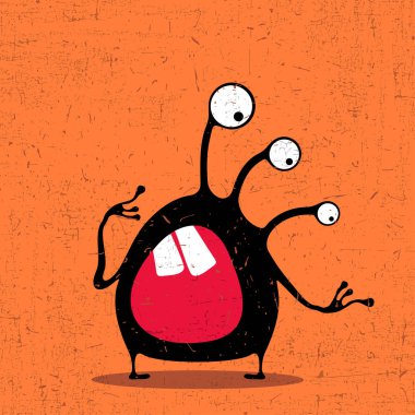 Grunge turuncu zemin üzerine duygularla sevimli siyah canavar. Karikatür Çizim.