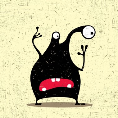 Grunge açık sarı renkli duygular ile sevimli siyah canavar. Karikatür Çizim.