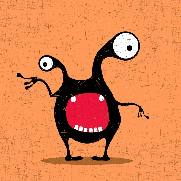 Mignon Monstre Noir Avec Des Émotions Sur Fond Orange Grunge — Image vectorielle