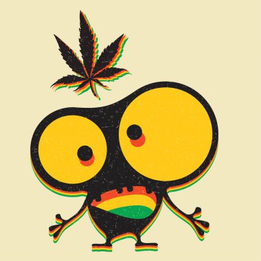 Sevimli canavar grunge sarı arka plan üzerinde marihuana yaprağı