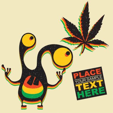 Sevimli canavar grunge sarı arka plan üzerinde marihuana yaprağı