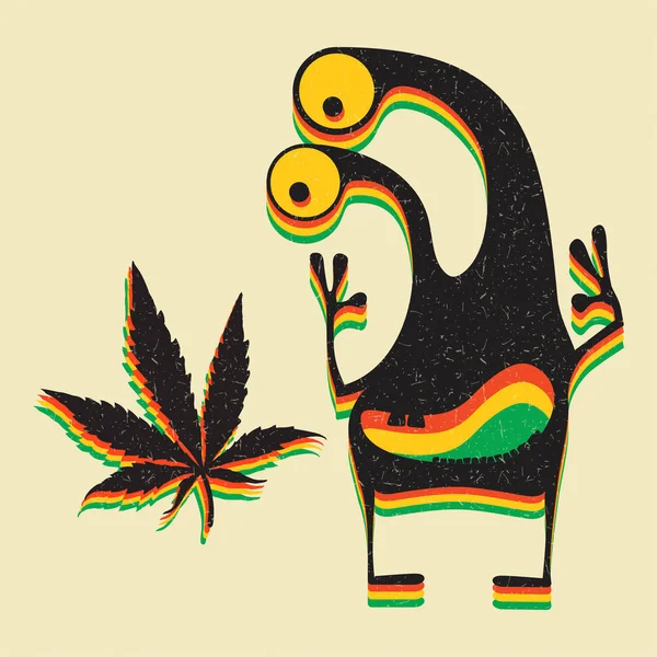 Sevimli Canavar Grunge Sarı Arka Plan Üzerinde Marihuana Yaprağı — Stok Vektör