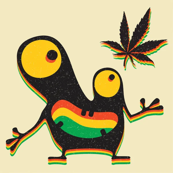 Monstre Mignon Avec Feuille Marijuana Sur Fond Jaune Grunge — Image vectorielle