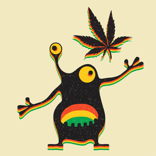 Cute monster with marijuana leaf on grunge yellow background