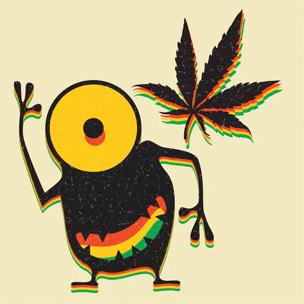 Monstro Bonito Com Folha Maconha Fundo Amarelo Grunge — Vetor de Stock