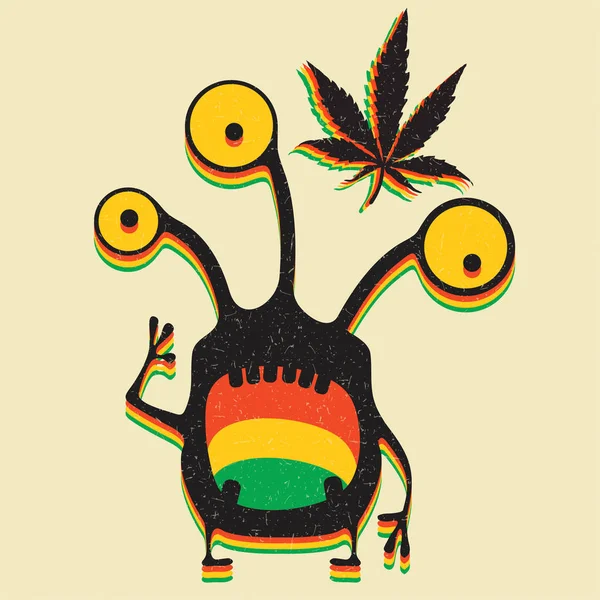 Monstre Mignon Avec Feuille Marijuana Sur Fond Jaune Grunge — Image vectorielle