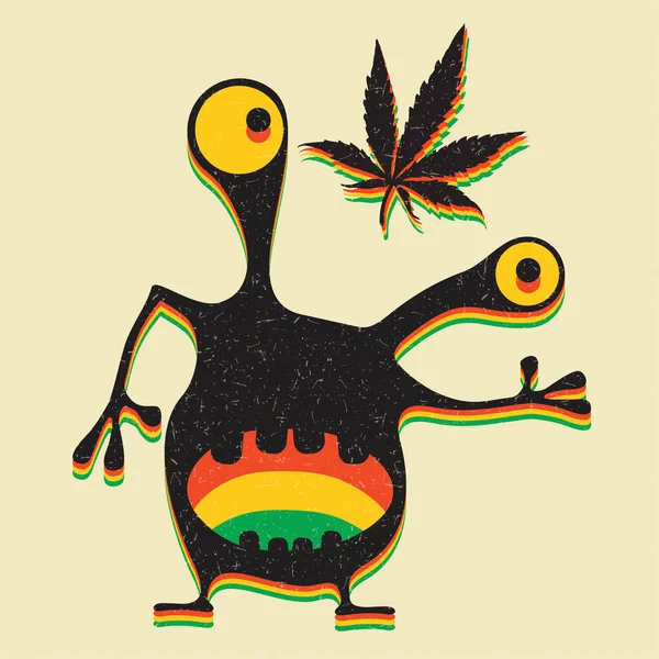 Monstro Bonito Com Folha Maconha Fundo Amarelo Grunge — Vetor de Stock