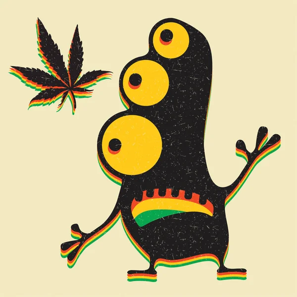 Monstre Mignon Avec Feuille Marijuana Sur Fond Jaune Grunge — Image vectorielle