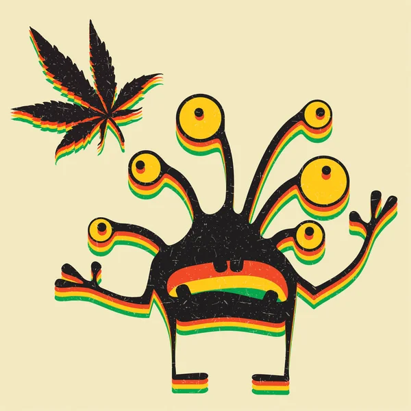 Monstre Mignon Avec Feuille Marijuana Sur Fond Jaune Grunge — Image vectorielle