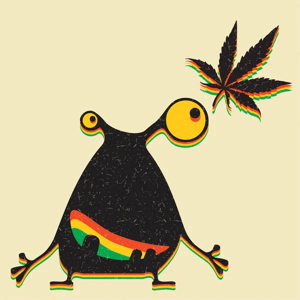 Monstre Mignon Avec Feuille Marijuana Sur Fond Jaune Grunge — Image vectorielle