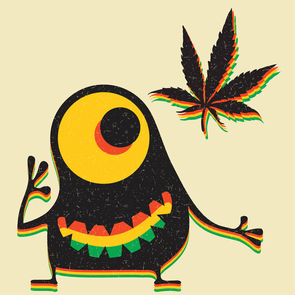 Cute monster with marijuana leaf on grunge yellow background