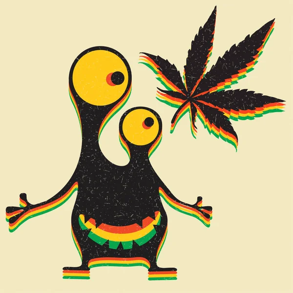 Monstro Bonito Com Folha Maconha Fundo Amarelo Grunge — Vetor de Stock