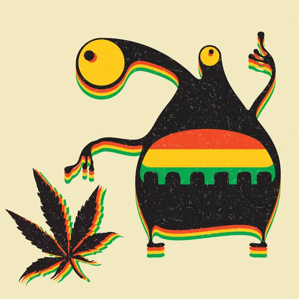 Słodkie Potwór Liściem Marihuany Tło Grunge Żółty — Wektor stockowy