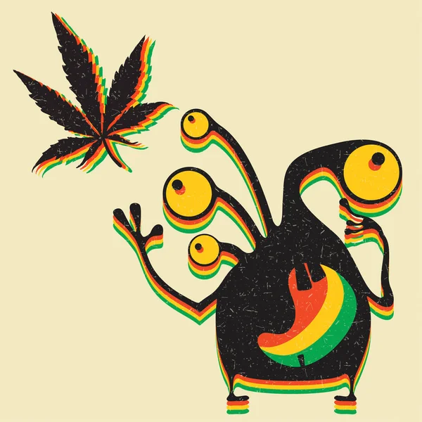 Słodkie Potwór Liściem Marihuany Tło Grunge Żółty — Wektor stockowy