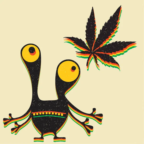 Monstre Mignon Avec Feuille Marijuana Sur Fond Jaune Grunge — Image vectorielle