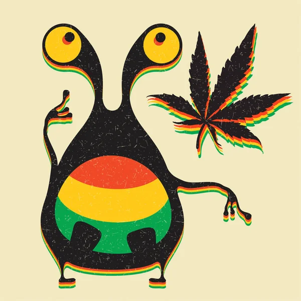 Monstro Bonito Com Folha Maconha Fundo Amarelo Grunge — Vetor de Stock