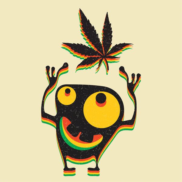 Cute monster with marijuana leaf on grunge yellow background