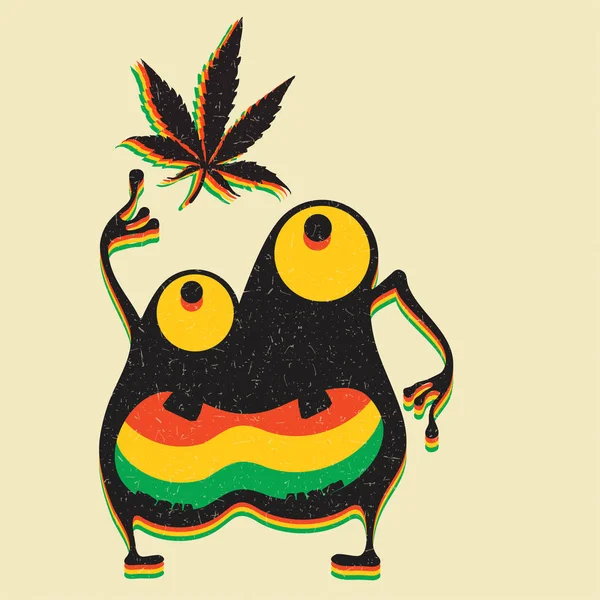 Monstre Mignon Avec Feuille Marijuana Sur Fond Jaune Grunge — Image vectorielle