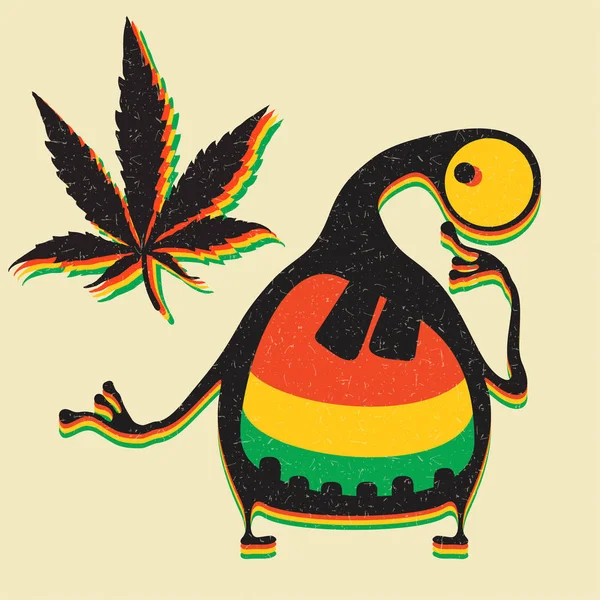Sevimli Canavar Grunge Sarı Arka Plan Üzerinde Marihuana Yaprağı — Stok Vektör