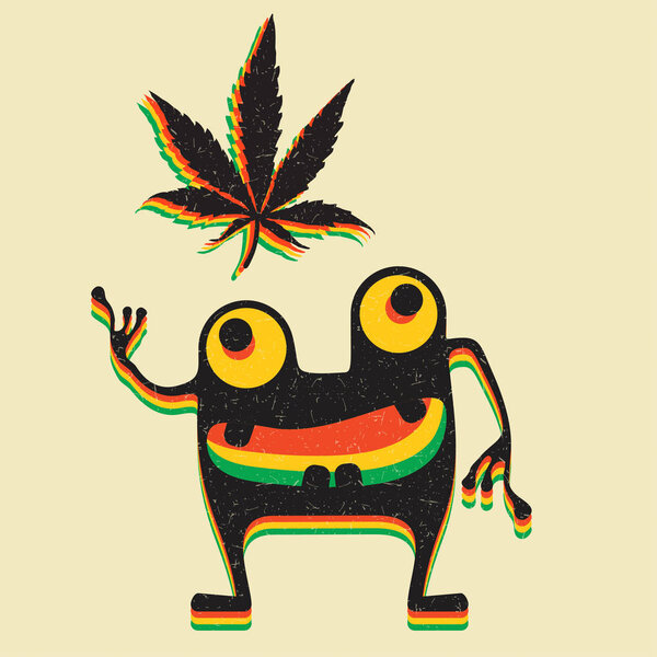 Cute monster with marijuana leaf on grunge yellow background