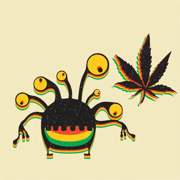 可爱的怪物与大麻叶上垃圾黄色背景 — 图库矢量图片