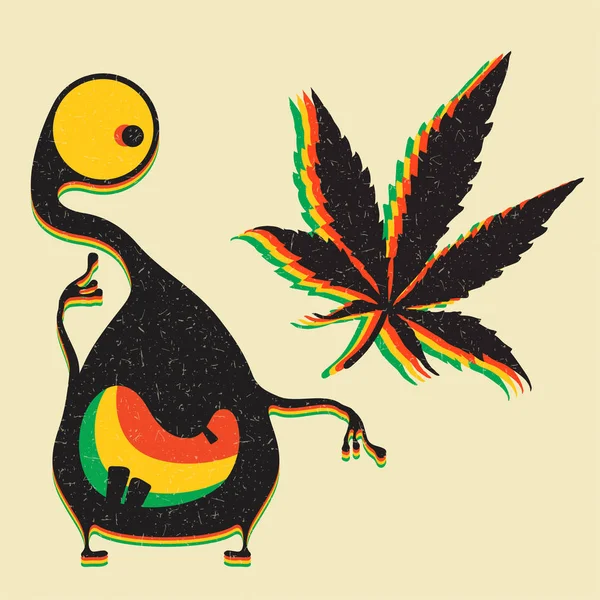 Monstre Mignon Avec Feuille Marijuana Sur Fond Jaune Grunge — Image vectorielle