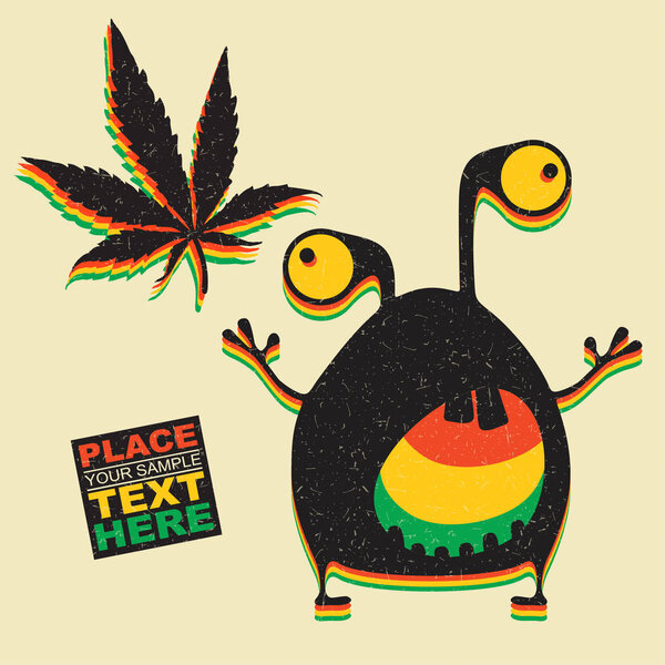Cute monster with marijuana leaf on grunge yellow background