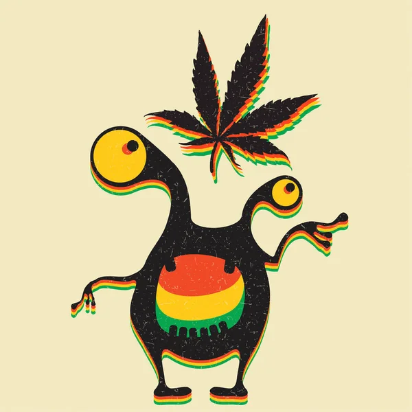 Niedliches Monster Mit Marihuana Blatt Auf Gelbem Grunge Hintergrund — Stockvektor