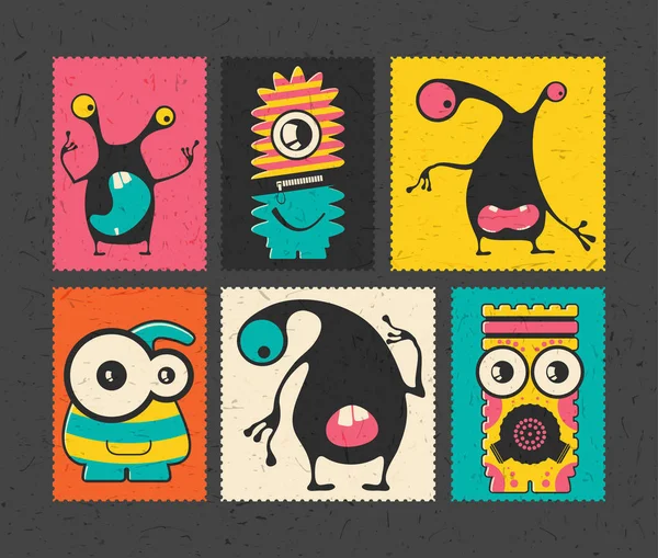 Set Mit Sechs Retro Briefmarken Mit Lustigen Monstern Auf Verschiedenfarbigem — Stockvektor