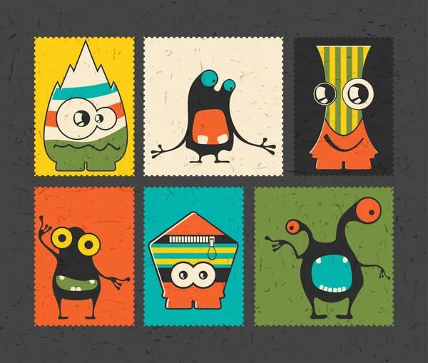 Set Seis Sellos Franqueo Retro Con Divertidos Monstruos Sobre Fondo — Vector de stock