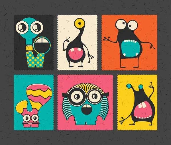 Set Mit Sechs Retro Briefmarken Mit Lustigen Monstern Auf Verschiedenfarbigem — Stockvektor