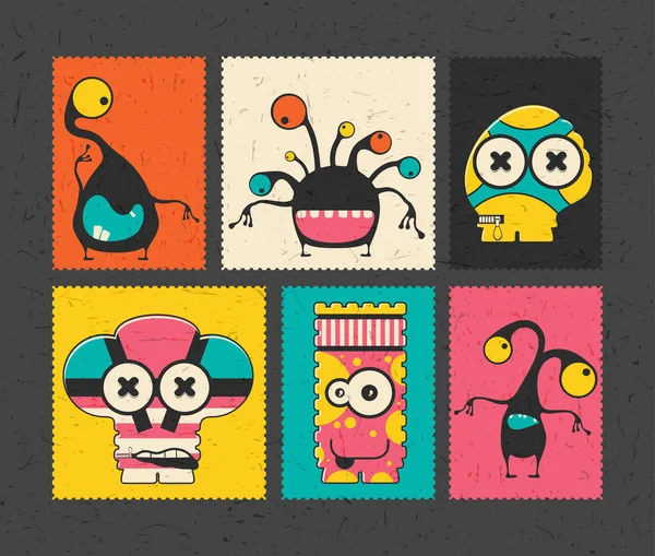 異なる色の背景上おかしいモンスター レトロな郵便の切手のセット 漫画イラスト ベクトル ステッカー — ストックベクタ