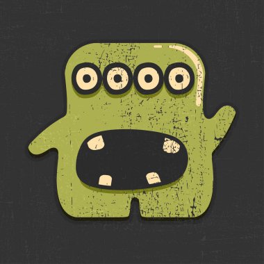 Grunge siyah arka plan üzerinde komik yeşil canavar. Karikatür Çizim.