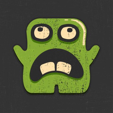 Grunge siyah arka plan üzerinde komik yeşil canavar. Karikatür Çizim.