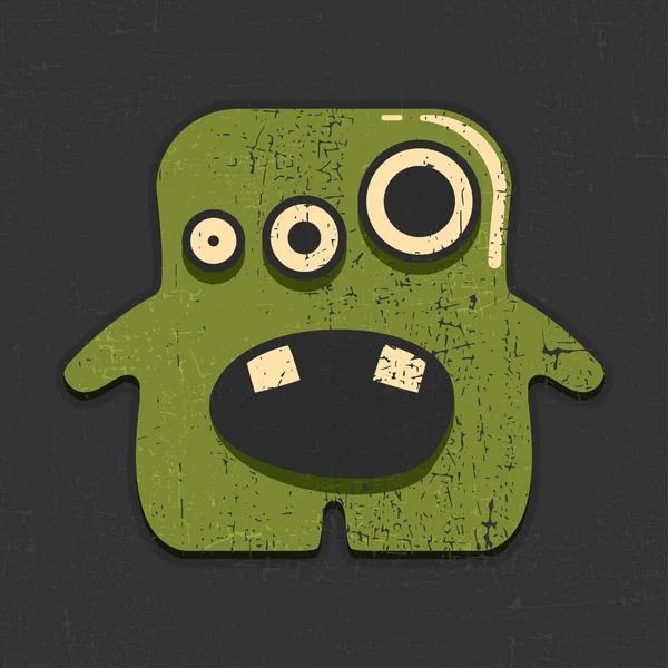Funny Green Monster Grunge Black Background Cartoon Illustration — Stock Vector