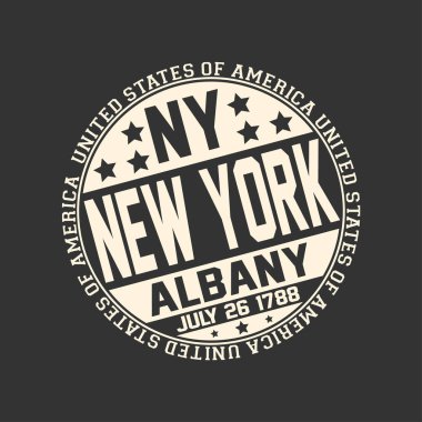 Türkçedeki Ny, adı New York Eyaleti, sermaye Albany ve tarihi ile siyah arka plan üzerine dekoratif damga etrafında metin Amerika Birleşik Devletleri ile 26 Temmuz 1788 bir devlet haline.