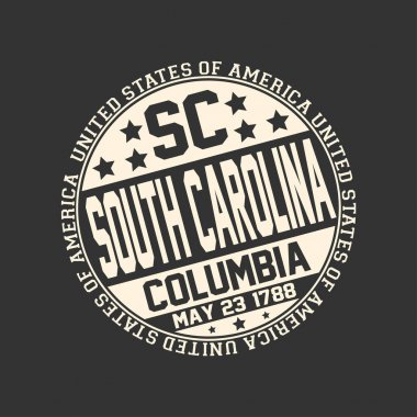 Türkçedeki Sc, devlet adı Güney Carolina, sermaye Columbia ve tarihi ile siyah arka plan üzerine dekoratif damga etrafında metin Amerika Birleşik Devletleri ile 23 Mayıs 1788 bir devlet haline.
